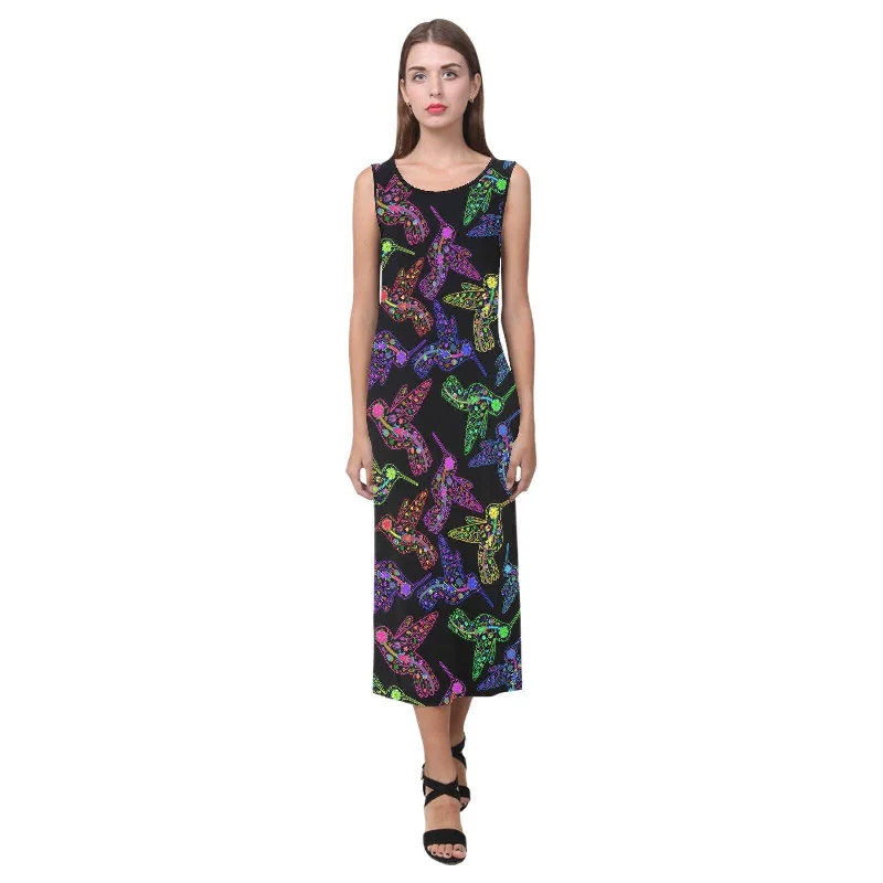 Neon Floral Hummingbirds Phaedra Sleeveless Open Fork Long Dress Tunics Gym athletic