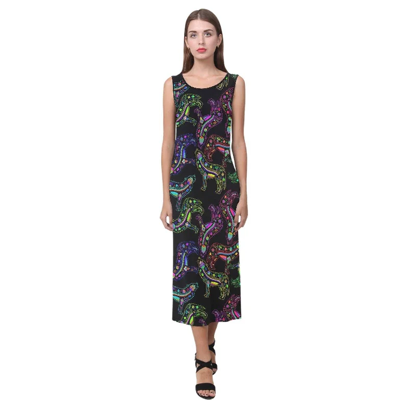 Neon Floral Wolves Phaedra Sleeveless Open Fork Long Dress Tunics Leisure comfortable