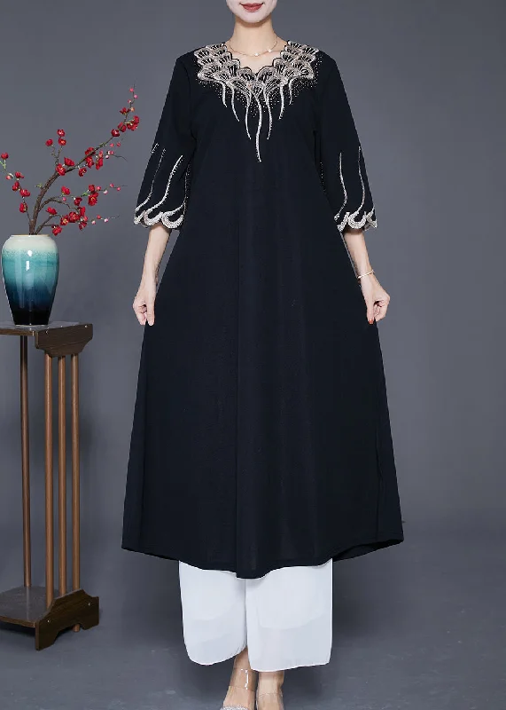 French Black Embroideried Zircon Exra Large Hem Long Dresses Summer Tunics Bestseller popular French Black Embroideried Zircon Exra Large Hem Long Dresses Summer Tunics Bestseller popular