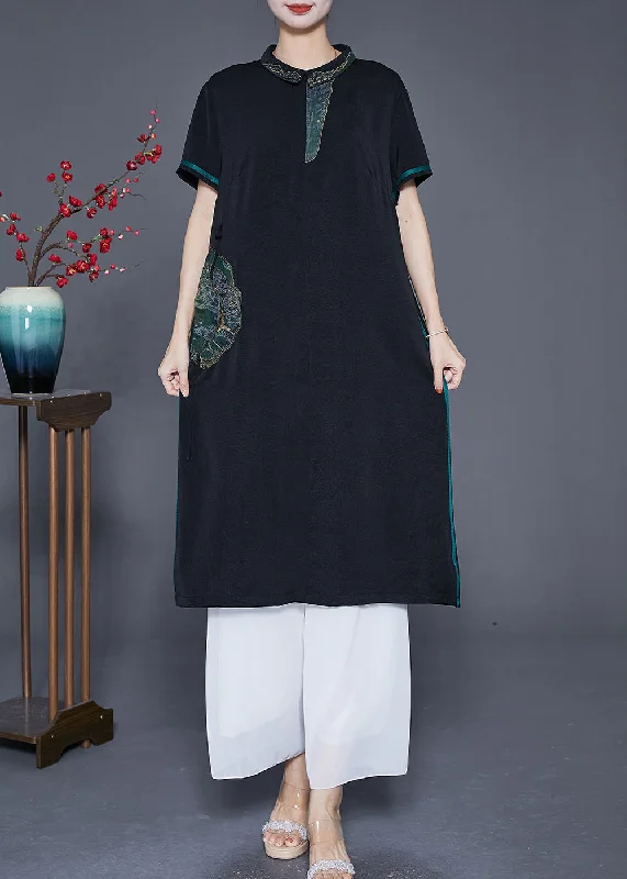 Handmade Black Embroideried Patchwork Silk Long Dresses Summer Tunics Sophisticated sleek Handmade Black Embroideried Patchwork Silk Long Dresses Summer Tunics Sophisticated sleek