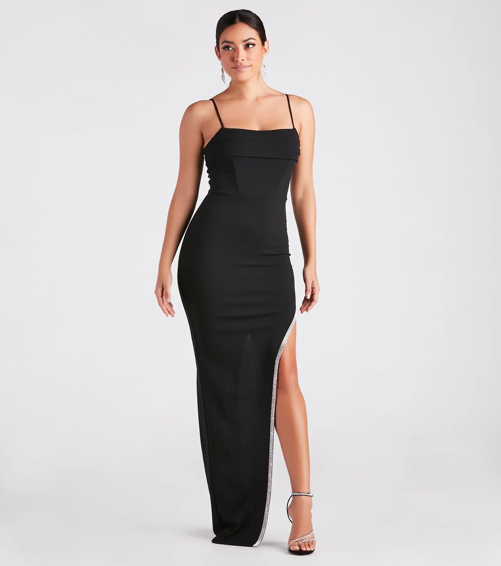 Jacie Formal Crepe Rhinestone Long Dress Tunics Cozy soft