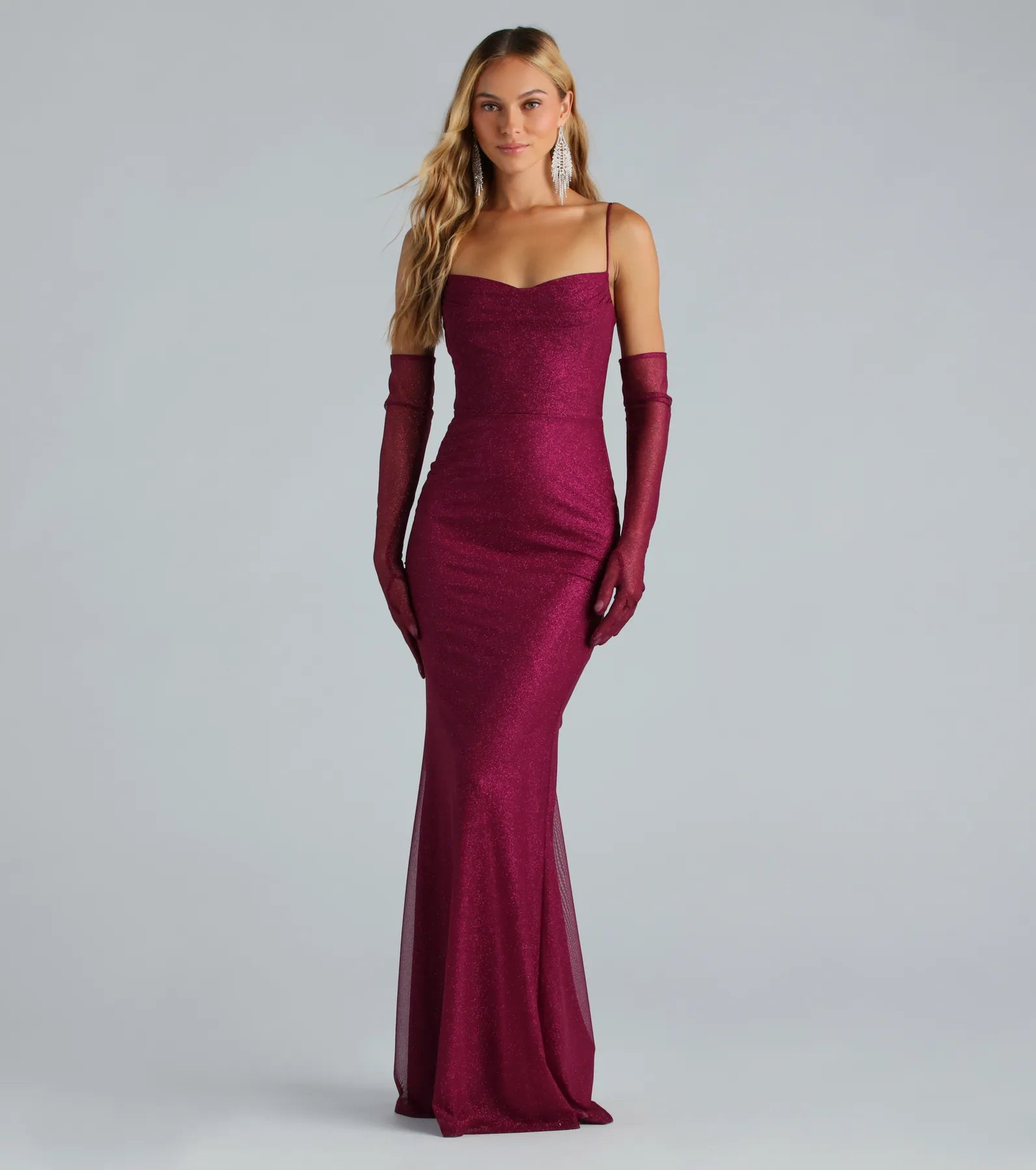 Kristi Formal Glitter Mermaid Dress With Gloves Boat Neckline Classic