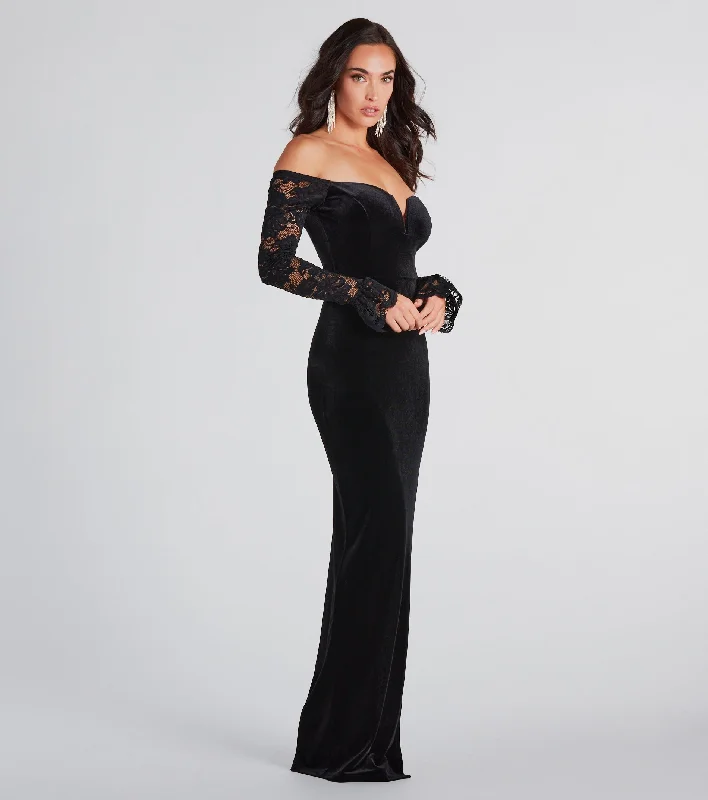 Marley Formal Velvet Lace Sleeve Long Dress Tunics Winter warm