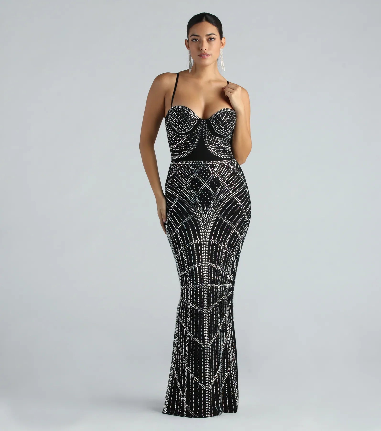 Mckenzie Formal Rhinestone Mesh Long Dress Tunics Vintage classic