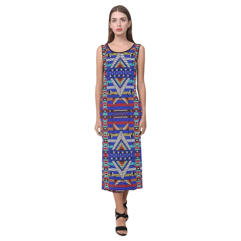 Medicine Blessing Blue Phaedra Sleeveless Open Fork Long Dress Tunics stripes playful Medicine Blessing Blue Phaedra Sleeveless Open Fork Long Dress Tunics stripes playful