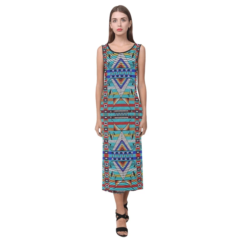 Medicine Blessing Turquoise Phaedra Sleeveless Open Fork Long Dress Boat Neckline Classic Medicine Blessing Turquoise Phaedra Sleeveless Open Fork Long Dress Boat Neckline Classic
