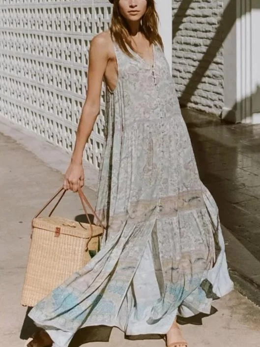 New Bohemian Sleeveless Print Long Dress Tunics Silk luxurious