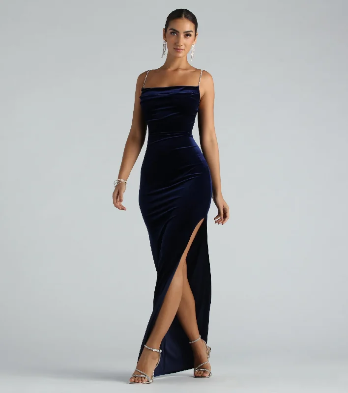Penny Formal Velvet Rhinestone Strap Long Dress Tunics Denim casual