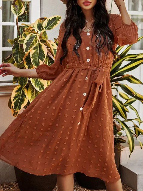 Polka Dot Button Belted Long Dress Tunics Fashionable trendy