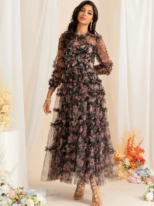 Printed Vintage mesh long Dress - WF115 Tunics Sophisticated sleek
