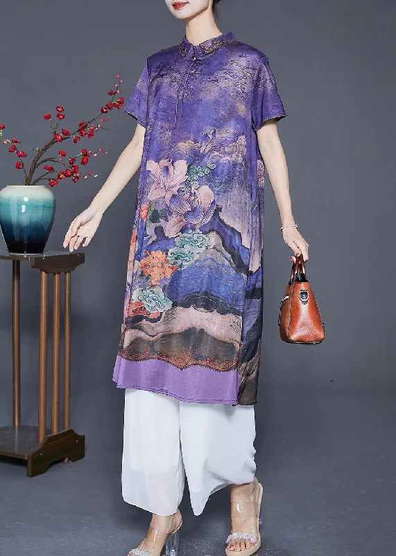 Purple Print Silk Long Dress Turn-down Collar Tassel Summer Tunics Top rated