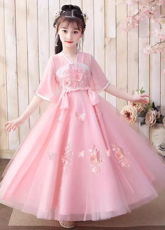 Retro Pink Floral Butterfly Embroideried Patchwork Chiffon Kids Girls Long Dresses Summer Tunics Essential wardrobe Retro Pink Floral Butterfly Embroideried Patchwork Chiffon Kids Girls Long Dresses Summer Tunics Essential wardrobe