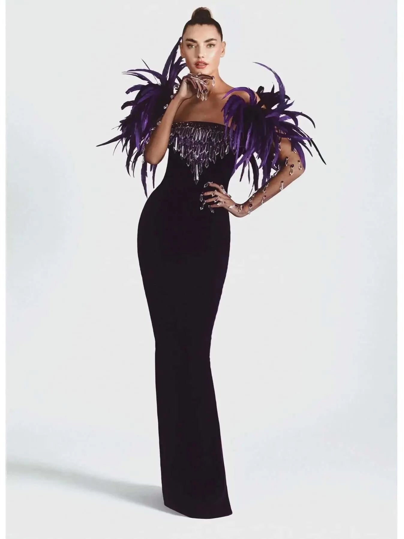 Feather Crystal Purple Velvet Dress With Gloves Square Neckline Feminine