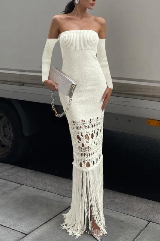 Sexy Casual Solid Tassel Hollowed Out Backless Off the Shoulder Long Dresses Boatneck Modish Everyday