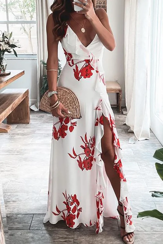 Sexy Print Patchwork Slit Spaghetti Strap Long Dresses A-Line Day Work