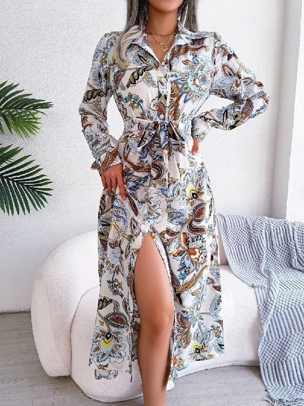 Spring Summer Skinny Long Dress Elegant Vintage Print Shirt Casual Lapel Button Slit Lace Up Long Sleeve Maxi Vestidos Turtleneck Neckline Stylish Spring Summer Skinny Long Dress Elegant Vintage Print Shirt Casual Lapel Button Slit Lace Up Long Sleeve Maxi Vestidos Turtleneck Neckline Stylish