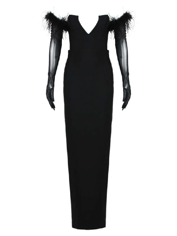 Strapless Feather Gloves Design Black Bandage Gown Floral Print girly