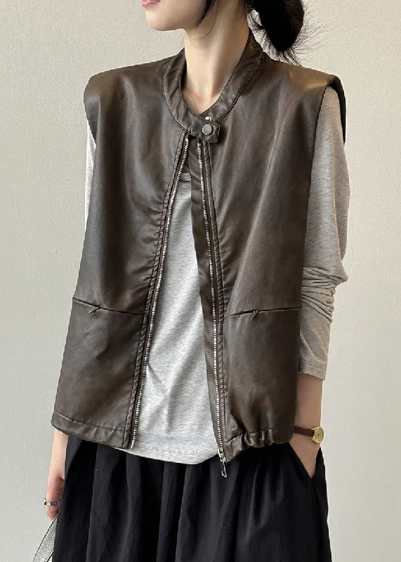 Style Coffee Zip Up Faux Leather Vest Tops Sleeveless Buttoned Business Vest