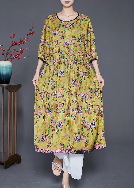 Stylish Green Oversized Print Wear On Both Sides Silk Long Dresses Summer Pencil Office Professional