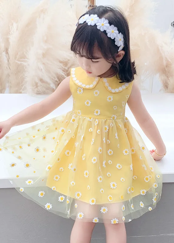 Stylish Yellow Patchwork Tulle Kids Long Dresses Sleeveless Tunics Denim casual
