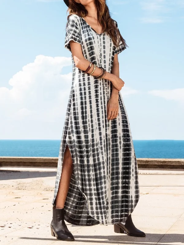 Summer Printed V-Neck Short Sleeve Beach Long Dress Tunics Stylish elegant
