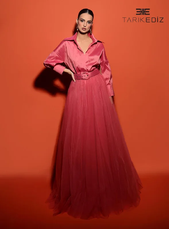 Tarik Ediz 98405 Taffeta Fabric Shirt Collar Neckline A-Line Long Dress Turtleneck Warm Winter Tarik Ediz 98405 Taffeta Fabric Shirt Collar Neckline A-Line Long Dress Turtleneck Warm Winter