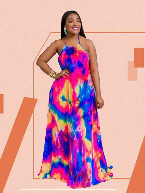 Tie Dye Spaghetti Strap Long Dress Tunics Mesh breathable