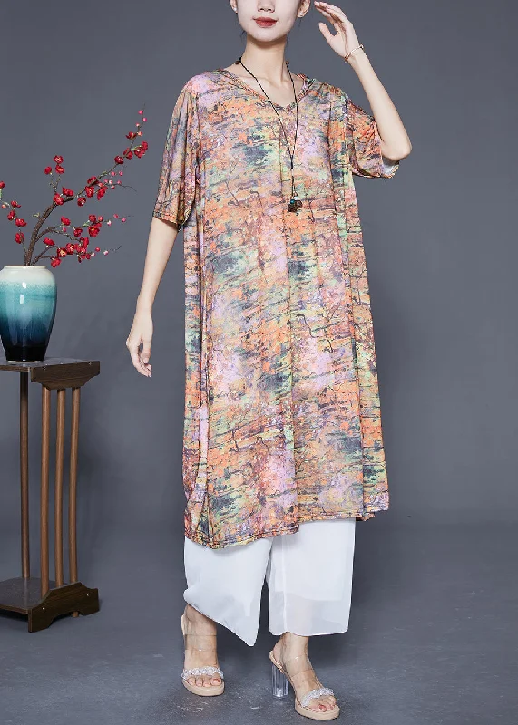 Unique Khaki V Neck Tie Dye Silk Long Dress Summer Tunics Mesh breathable