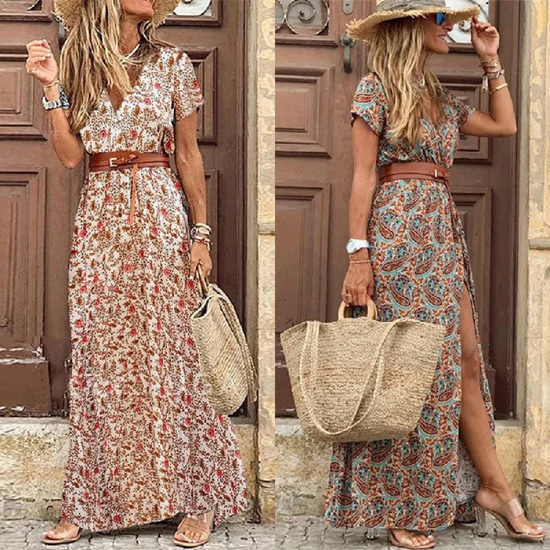 V Neck Short Sleeve  Beach Long Dress Tunics Practical easy-care