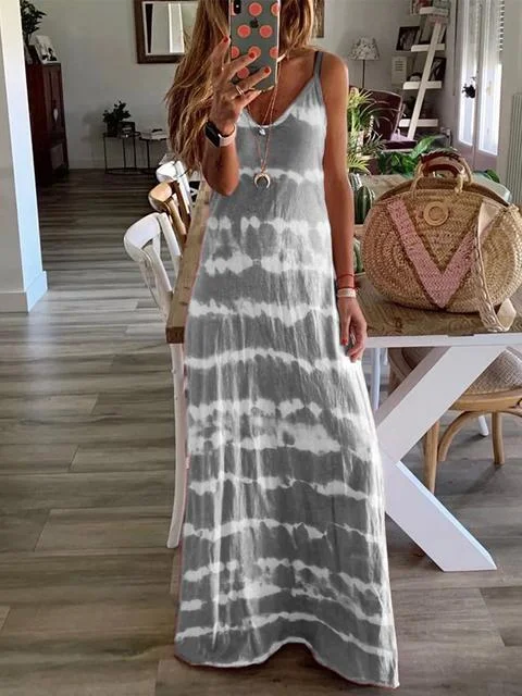V-neck Tie Dye Print Long Dress Tunics Trendy modern