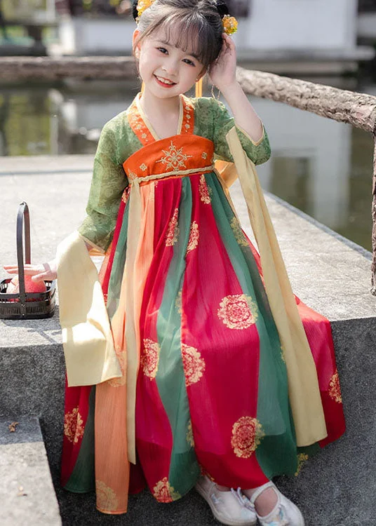 Vintage Orange Print Wrinkled Patchwork Chiffon Kids Girls Long Dresses Summer Tunics Seasonal trendy Vintage Orange Print Wrinkled Patchwork Chiffon Kids Girls Long Dresses Summer Tunics Seasonal trendy