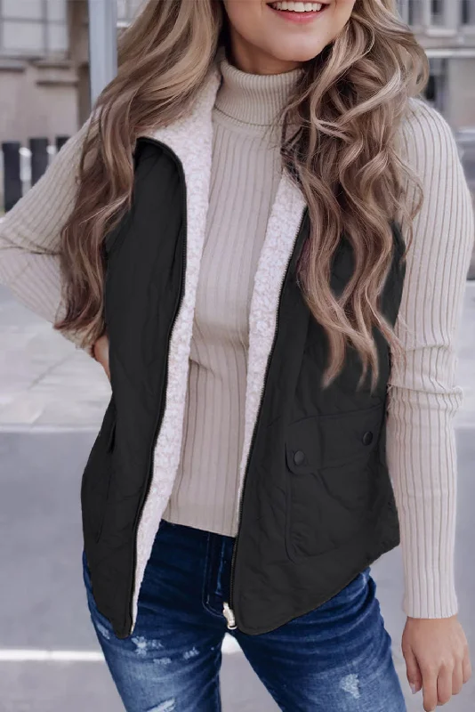 Black Fleece Lined Quilted Zip up Vest Coat Suede Fringe Vest