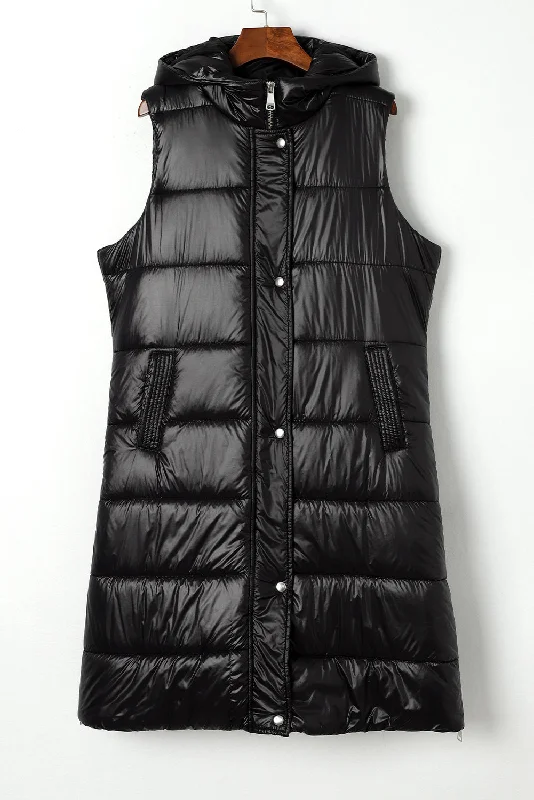 Black Hooded Long Quilted Vest Coat Smart-Casual Vest Coat