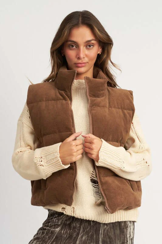 CORDUROY PUFFER VEST Fur-Trimmed Vest Coat