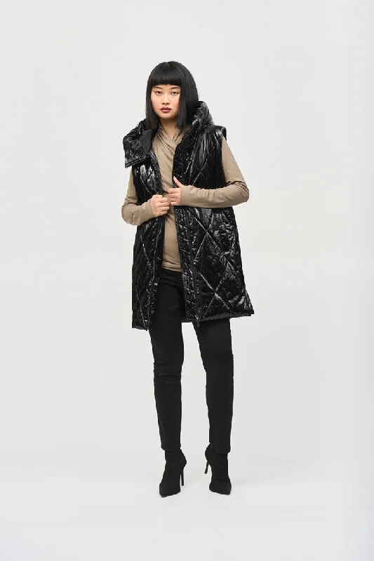 Joseph Ribkoff Black Quilted Hooded Puffer Vest Luxe Faux Fur Vest
