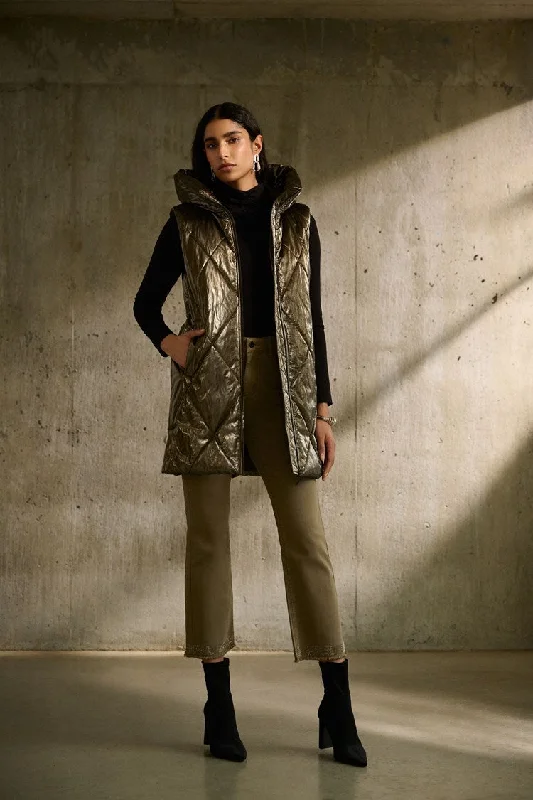 Joseph Ribkoff Taupe Quilted Hooded Puffer Vest Draped Open Vest