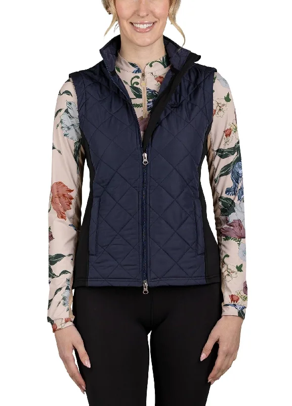 Kastel Denmark Women's Lightweight Sleeveless Quilted Puffer Vest | Full Zip Solid Color with Zipper Pockets and Stand Collar Belted Draped Vest