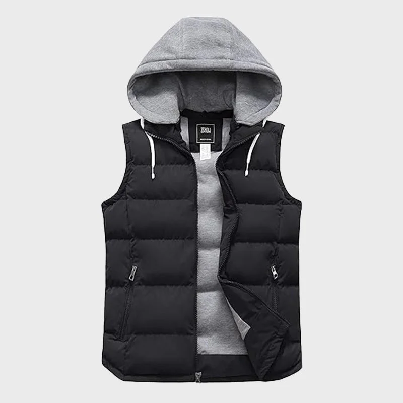 Men's Black Detachable Hooded Puffer Vest Sporty Zip Vest
