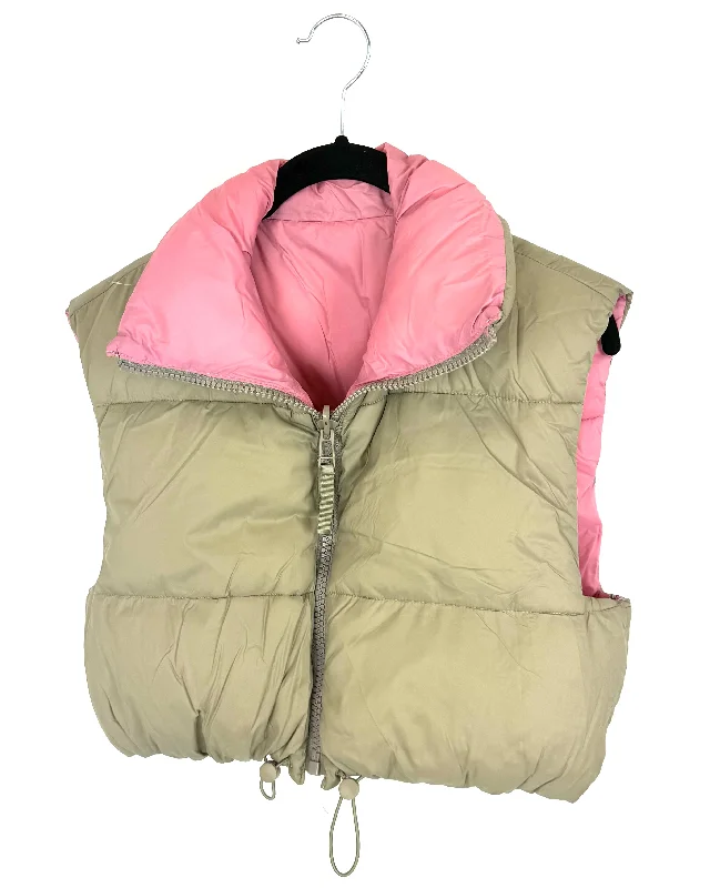 Pink and Tan Reversible Puffer Vest - Small Trendy Waterfall Vest