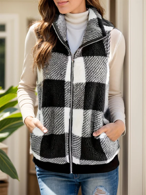 Pocketed Plaid Zip Up Vest Coat Thick Thermal Vest