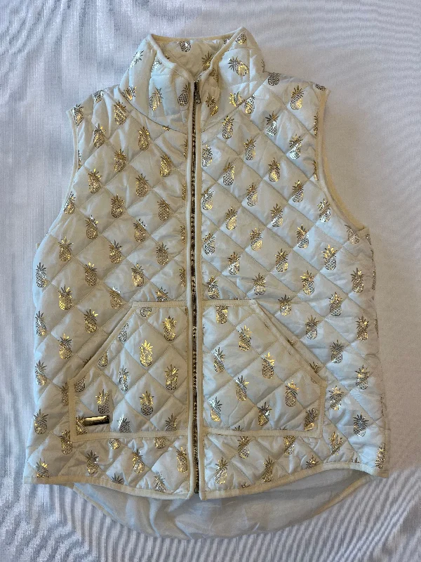 Simply Southern White & Gold Pineapple Puffer Vest Women size Large Elegant Vest Coat