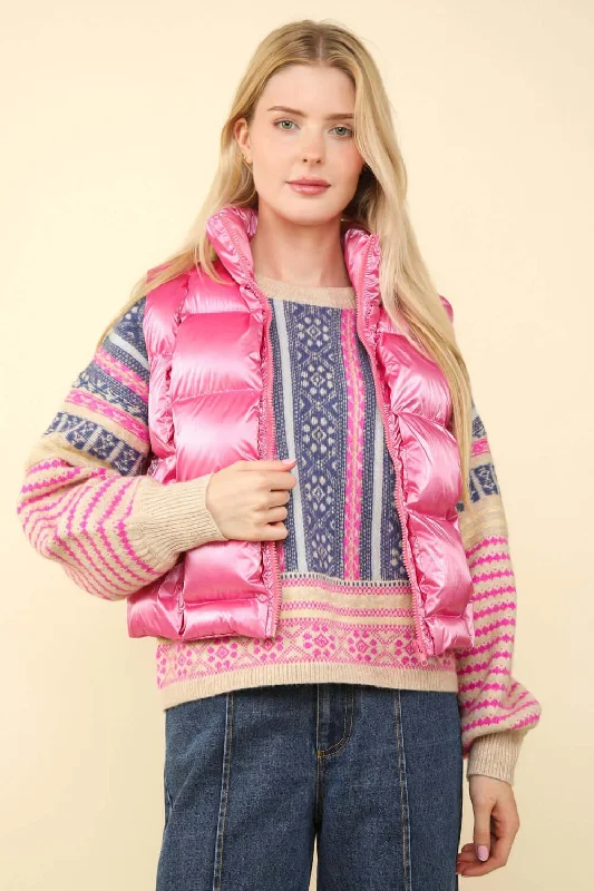 Pink Shiny Metallic Zip Up Puffer Vest Double-Breasted Vest