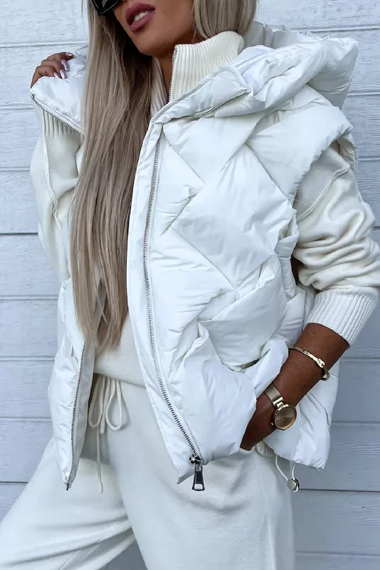 White Quilted Zipper Front Hooded Vest Coat Soft Ribbed Vest