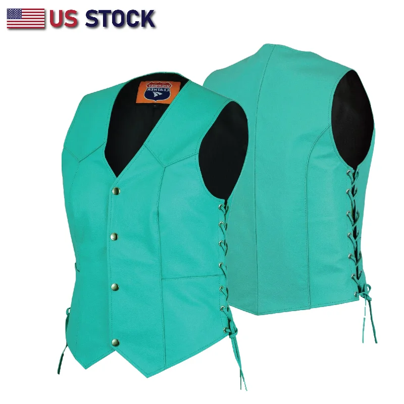 Women's Teal color side laced Leather Vest with Gun pockets for clubs Padded Quilted Vest Women's Teal color side laced Leather Vest with Gun pockets for clubs Padded Quilted Vest