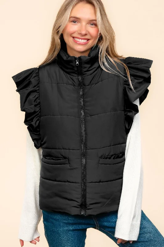 Black High Neck Zip Up Ruffle Sleeve Puffer Vest Classic Outdoor Vest