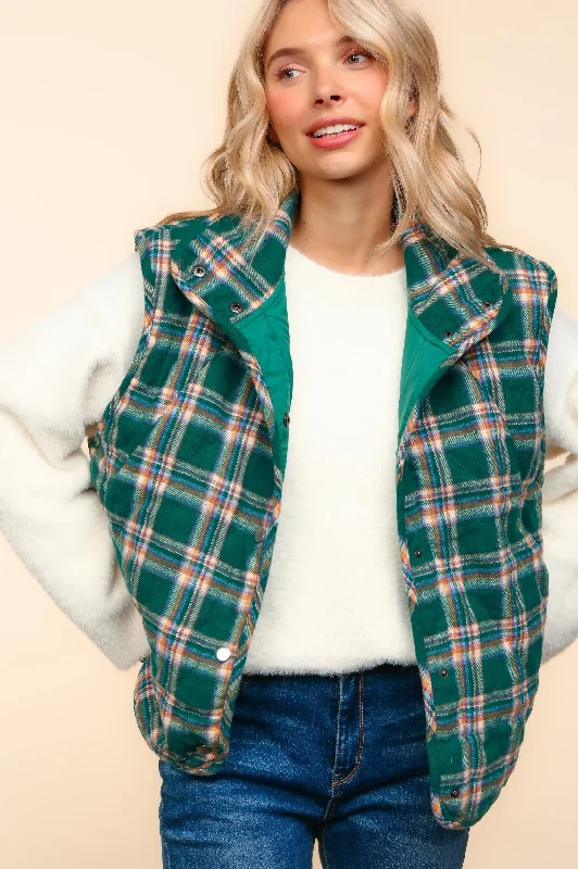 High Neck Snap Button Down Plaid Puffer Vest Longline Tailored Vest