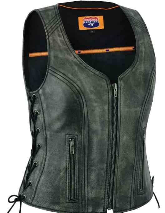 HL14531GRAY Women's Distressed Grey ‘Open Neck’ Motorcycle Leather Vest with Side Laces Fur-Lined Hood Vest HL14531GRAY Women's Distressed Grey ‘Open Neck’ Motorcycle Leather Vest with Side Laces Fur-Lined Hood Vest