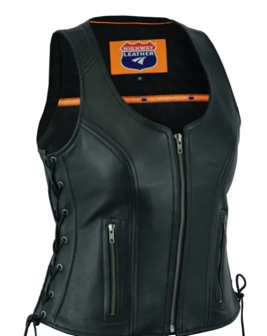 HL14531BLACK Women's Black ‘Open Neck’ Motorcycle Leather Vest with Side Laces Plaid Sherpa Vest HL14531BLACK Women's Black ‘Open Neck’ Motorcycle Leather Vest with Side Laces Plaid Sherpa Vest