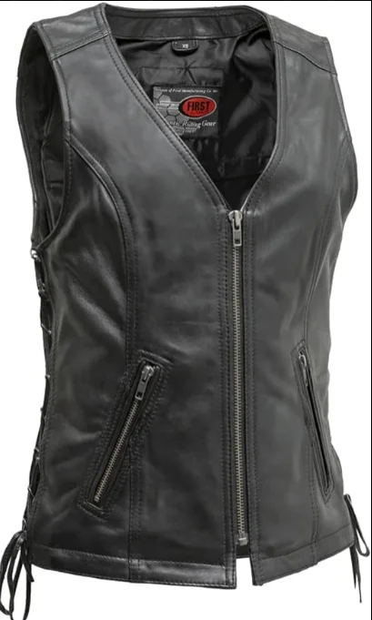 HL14576 - Women's Motorcycle Leather Vest Black Front Zipper side lace in Lamb Sleeveless Peacoat Vest HL14576 - Women's Motorcycle Leather Vest Black Front Zipper side lace in Lamb Sleeveless Peacoat Vest