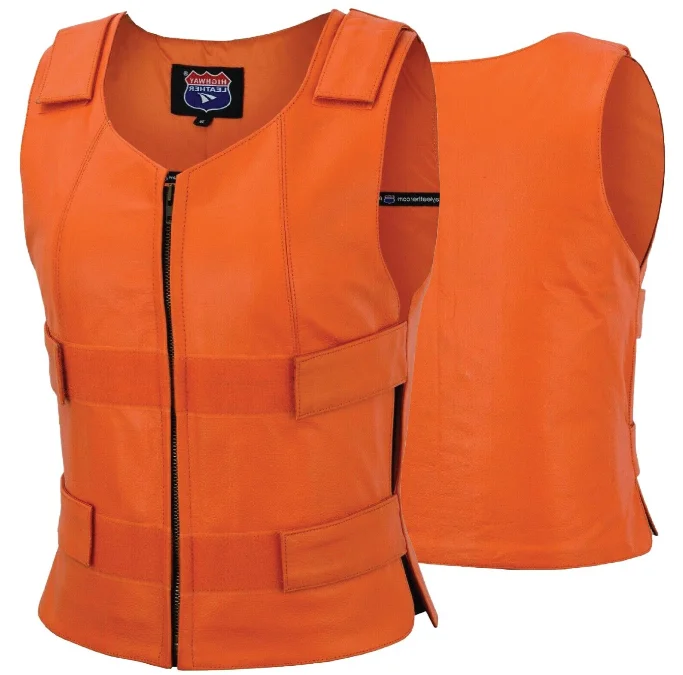 HL14945Orange Women Orange Bullet Proof Leather Vest Fashion-Forward Vest Coat